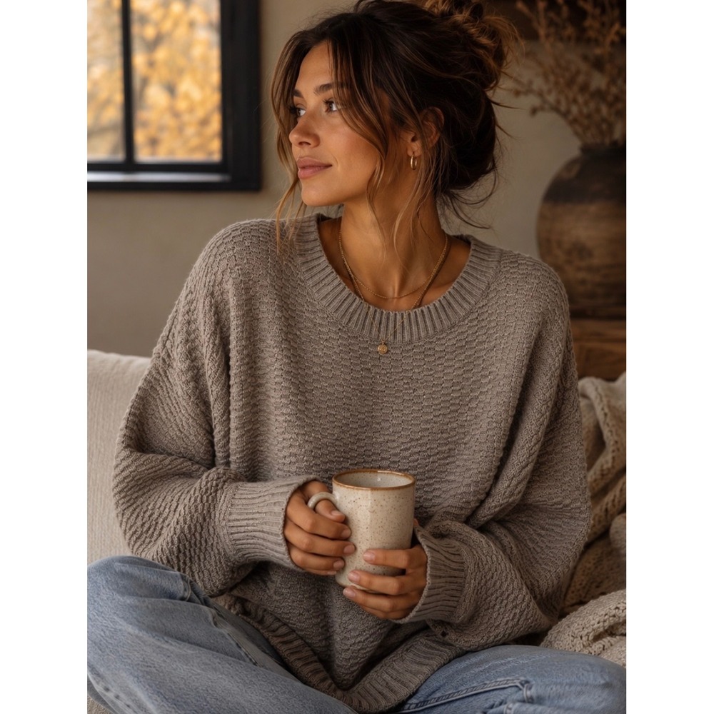 Cozy Taupe Knit Crewneck Sweater